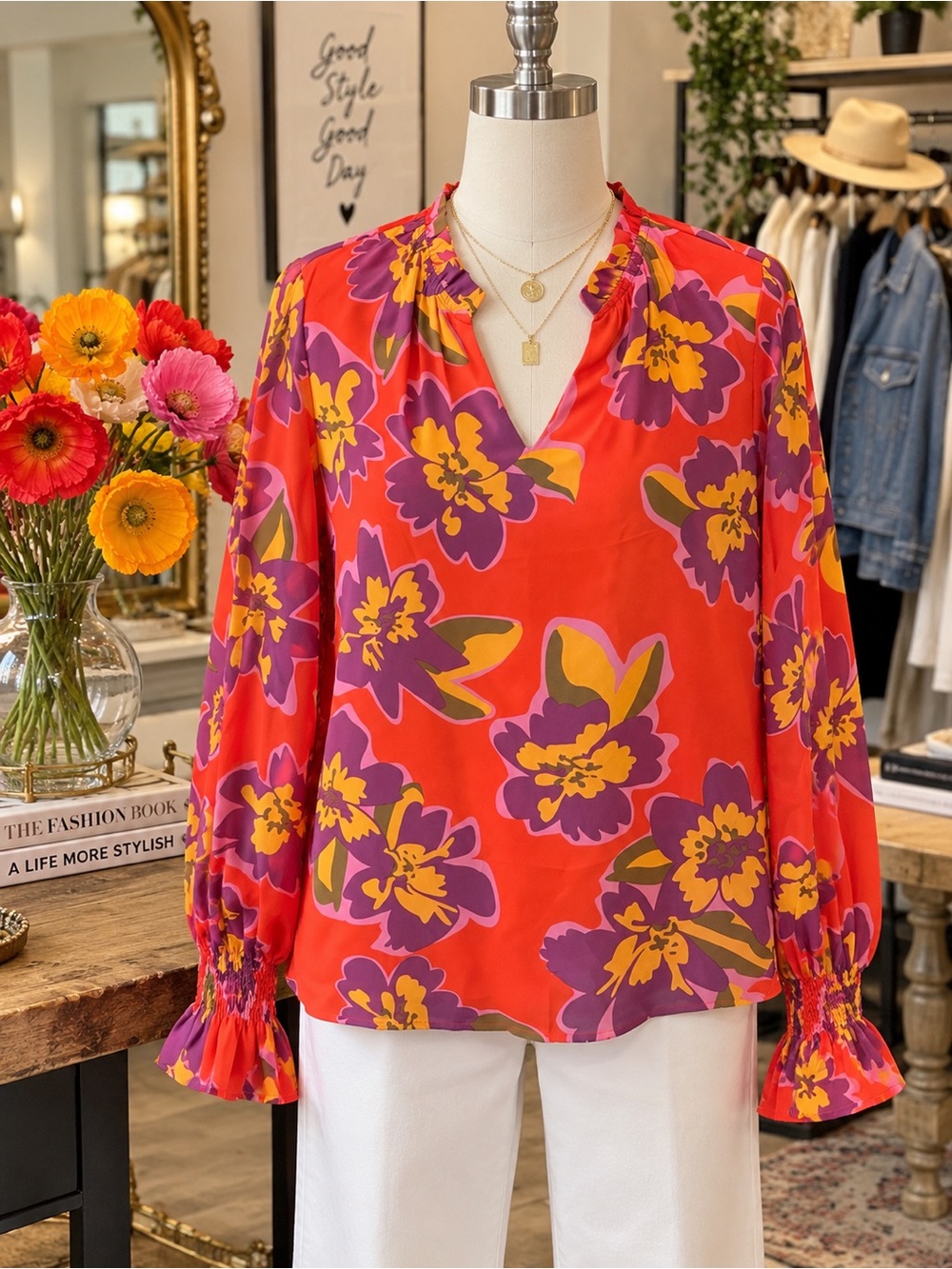 Vivid Floral V-Neck Blouse - Poppy Orange